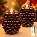 YAUNGEL 2 Pcs Pine Cone Candles Flameless with Remote Timer, Real Wax Christmas Battery Operated Pine Cone Candles, 3D Wick Battery Candle Flickering for Christmas Thanksgiving Day Holiday Home Decor