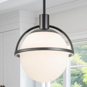 Glass Pendant Lights Kitchen Island Hanging Lamps 9.65" Mid Century Chandelier Black Modern Globe Chandelier Lights for Living Room Dining Room with Milk White Glass Globe,Adjustable Length