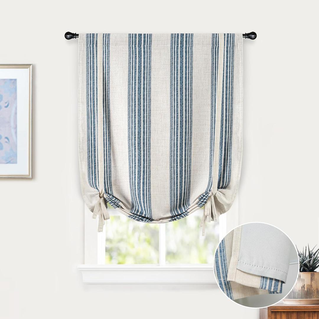 DriftAway Chris Double Layer Linen Blackout Tie Up Curtains Thermal Insulated Fully Lined Vertical Striped Balloon Roman Shade Bathroom Window Adjustable Rod Pocket 25 Inch by 47 Inch Jean Navy
