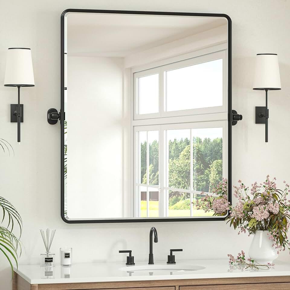 Keonjinn 30x36 Inch Black Povit Mirror for Bathroom, Tilt Mirror | Tenmpered Glass, Rectangle, Adjustable Bathroom Mirrors for Over Sink, Farmhouse, Metal Framed, Horizontal/Vertical Global Recycled Standard