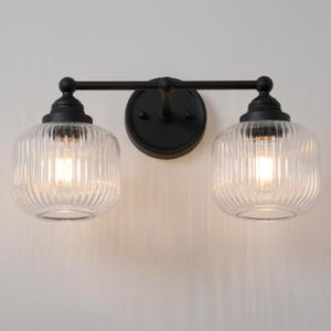 Vintage 2-Lights Clear Ribbed Glass Wall Sconce Lighting Black Finished, Double Head Bathroom Vanity Light Fixture for Bedroom Living Room Dining Room Hallway