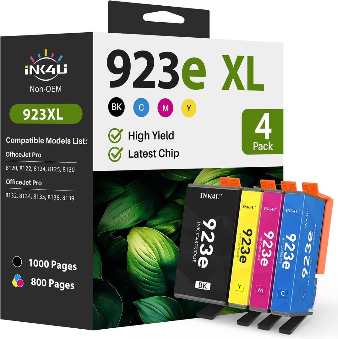 923XL 923e 923 Ink Cartridges for HP Printers: Replacement for HP 923XL Ink Cartridges Combo Pack to Work with OfficeJet Pro 8135 8130 8139 8138 8122 8120 8124 8125 8130 Printer (BK/C/Y/M, 4-Pack)