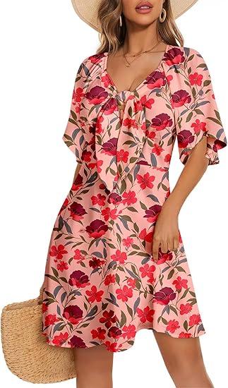 Dokotoo Womens Dresses 2025 Summer Fall Deep V Neck Elegant Bow Tie Mini Dress Size S