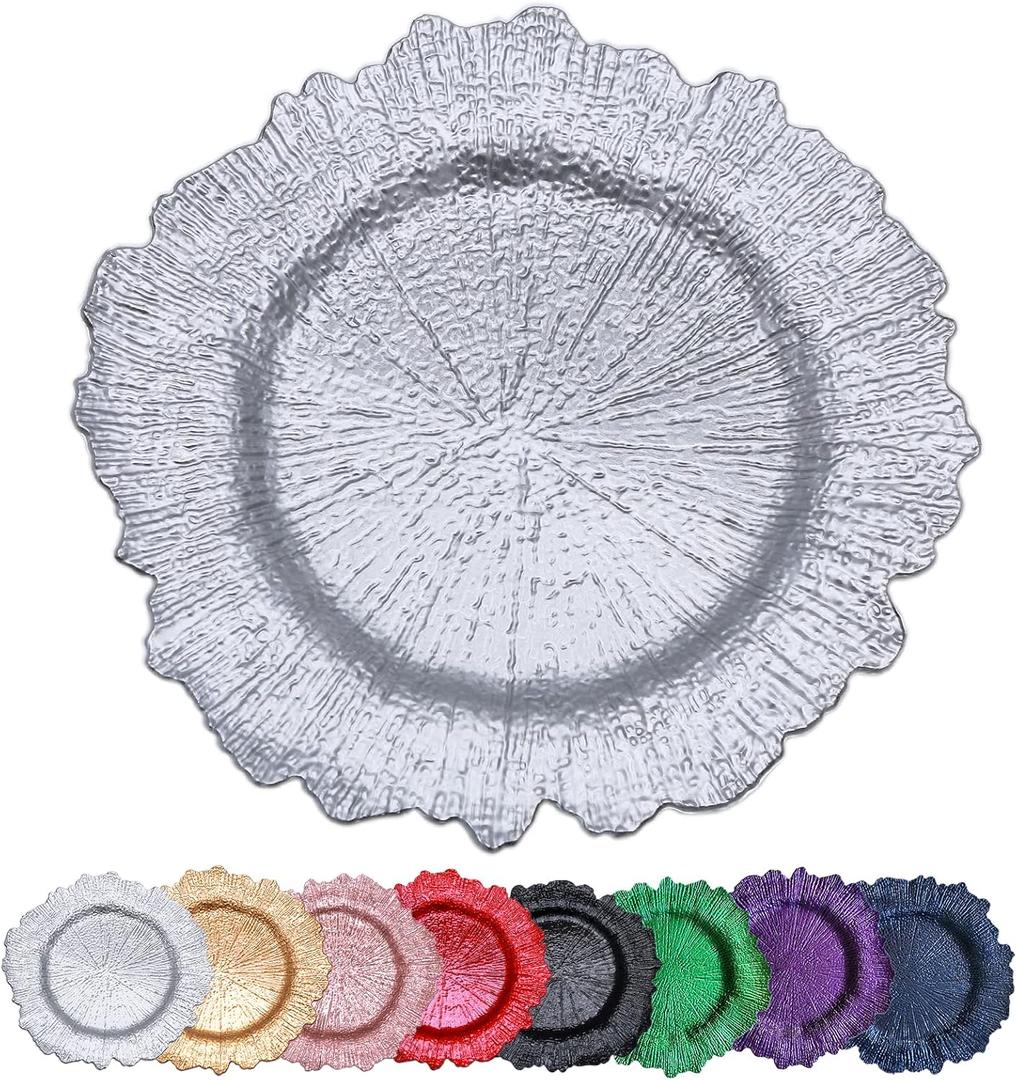 Silver Reef Charger Plates 13inch, Set 10PCS Plastic Floral Charger Plates Wedding for Dinner,Wedding,Party,Event,Decoration(Reef Silver10)