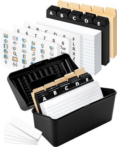 OFFILICIOUS Black Index Card Holder 4x6 - Index Card Organizer with Dividers & Stickers