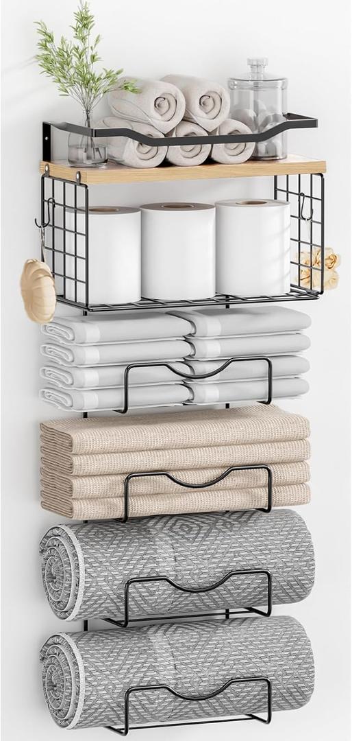 Towel Racks for Bathroom,Towel Rack Wall Mounted, 6 Tier Rolled Or Folded Towel Holder with Floating Shelves, Bathroom Towel Holder for Bath, Hand Towels,Metal,Walnut Wood Panel (J-type Black Rack)