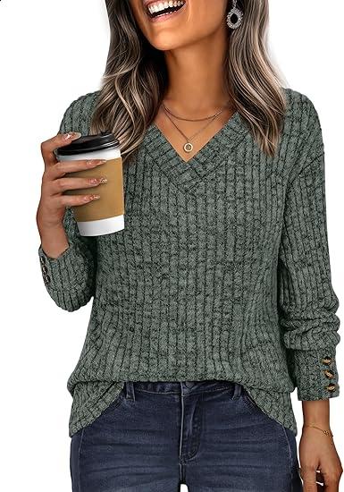 IWD Womens V Neck Long Sleeve Shirt Fall Fashion Knitted Sweaters Dressy Casual Pullover Tunic Tops with Decorative Buttons Green, XL