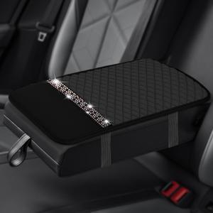 2 x HQRNYP Bling Leather Car Armrest Box Cover, Middle Console Cover, Crystal Rhinestone Center Console Cushion, Anti-Scratch Waterproof Auto Arm Rest Box Protector Accessories for Most Vehicles (Blue)