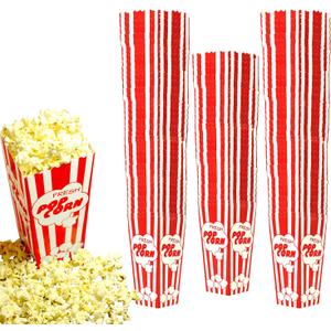 110 Movie Night Popcorn Paper Boxes Buckets 7.75 Inches Tall Large Box & Holds 46 Oz Old Fashion Vintage Retro Party Design Red & White Colored Nostalgic Carnival Stripes Bags & Tubs various qty avail