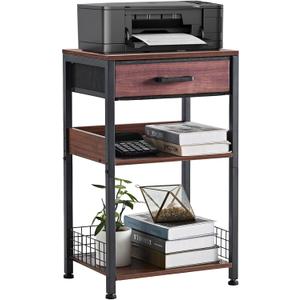 Lerliuo Walnut Printer Stand with Fabric Drawer, 3 Tier Industrial Side Table, Modern Small Printer Desk Holder with Storage Shelf, Multi-Functional Bedside Tables for Home Office Fax Machine Scanner, Walnut