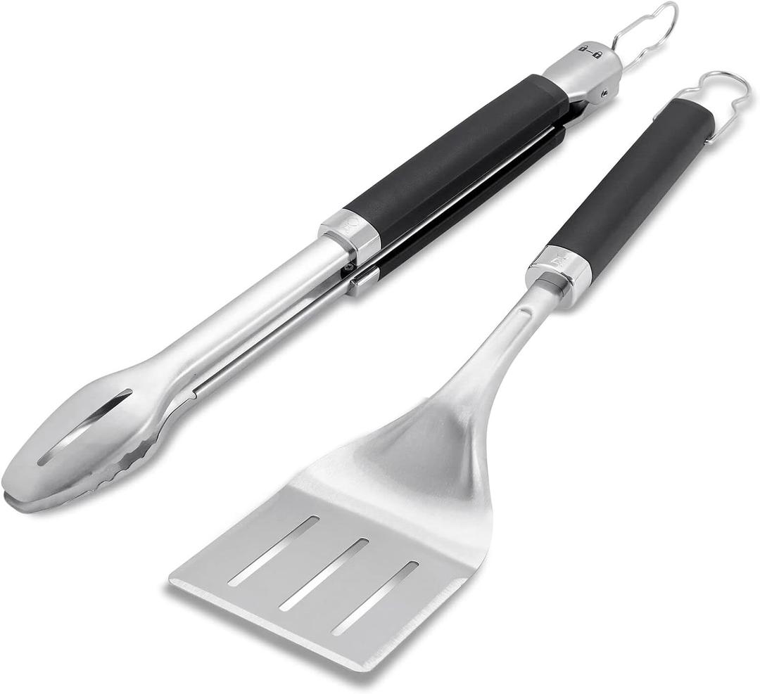 Weber Precision Tongs & Spatula Grilling Tool Set Stainless Steel BBQ Tools with HandsFree Locking Tongs, 3Sided Beveled Spatula, NonSlip SoftTouch Handles