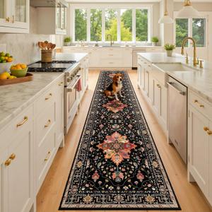Area Rugs 2'x10' Washable Non-Slip, Floral Vintage Distress Print Pattern Medallion Carpet for Living Room Bedroom Dining Room, Black Colorful Floral Dark Tan