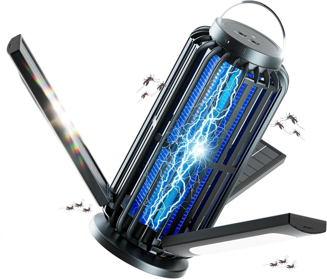 TYPEC Bug Zapper, Solar Bug Zapper with 3 Solar Charging Panels, IP65 Waterproof Mosquito Zapper, 4200V Mosquito Zapper with LED Light, Outdoor Indoor AUTO ON/Off (Black)