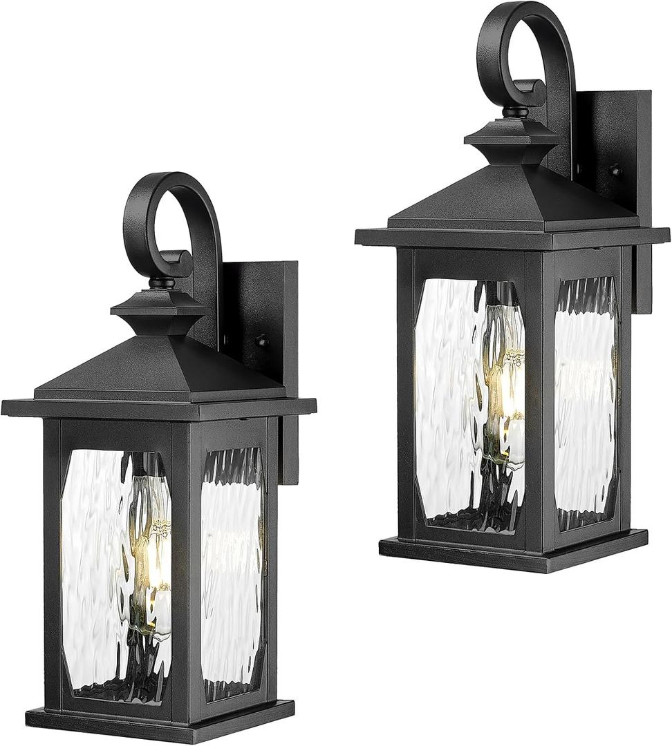 zeyu 2 Pack Outdoor Light Fixtures, Exterior Front Porch Lightings for Garage Doorway, Die-Cast Aluminum with Water Ripple Glass, Black Finish, ZD99B-2PK BK-WP
