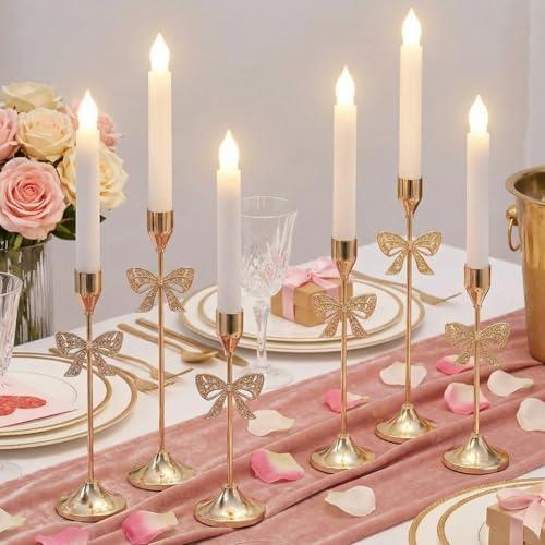 Ziliny 6 Pcs Christmas Bow Taper Candle Holders, 3 Size Gold Christmas Candlestick Holders, Xmas Candle Holder Vintage Decorative for Table Centerpiece Mantel Decor Holiday Housewarming Gifts