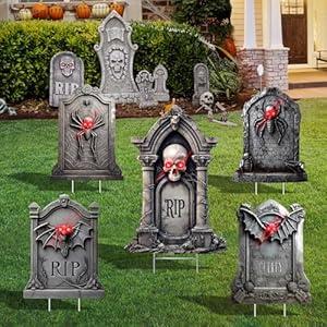 5 Pack Tombstone Halloween Decorations Plastic Yard Signs with Stakes, Graves Halloween Decorations Outdoor, Scary Gravestone Decorations with Glow in Dark Eyes for Outdoor Yard Lawn Garden Waterproof