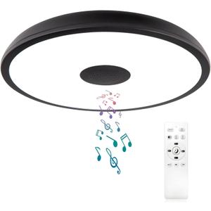 Black Waterproof LED Flush Mount Ceiling Light Fixture, with Bluetooth Speaker, 11 Inch,18 watt, Dimmable Music Lamp, RGB Color Changing Light with Remote Control, for Bathroom, Shower, Bedroom