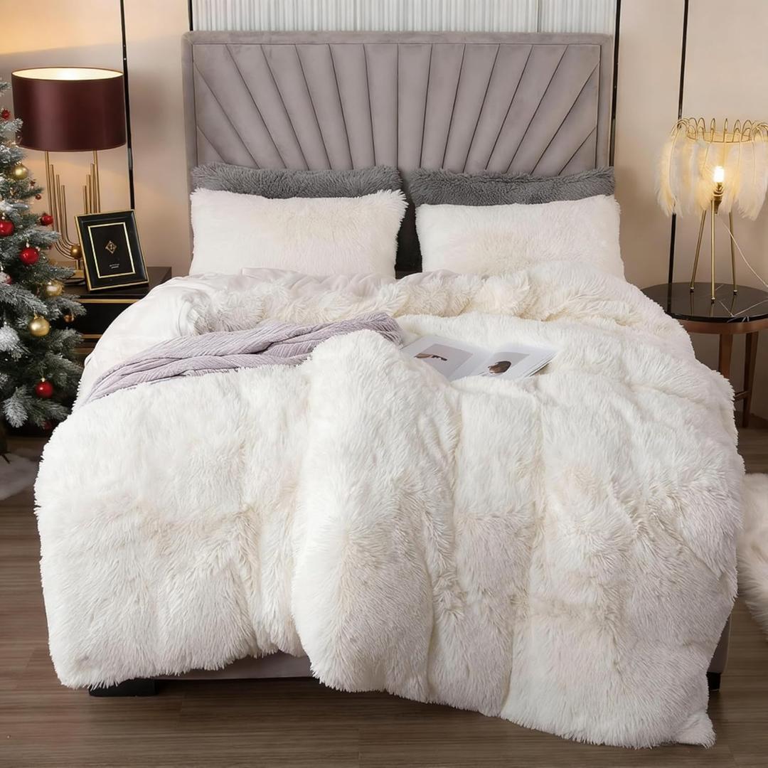 EMME Plush Shaggy White Duvet Cover Set Queen Size 3 Pieces Luxury Fuzzy Comforter Cover Set, Soft Faux Fur Fluffy Winter Bedding Set (White, Queen)