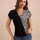 Women's Leopard Print Blouse Wrap V Neck Short Sleeve Button Front Summer Shirt (M)