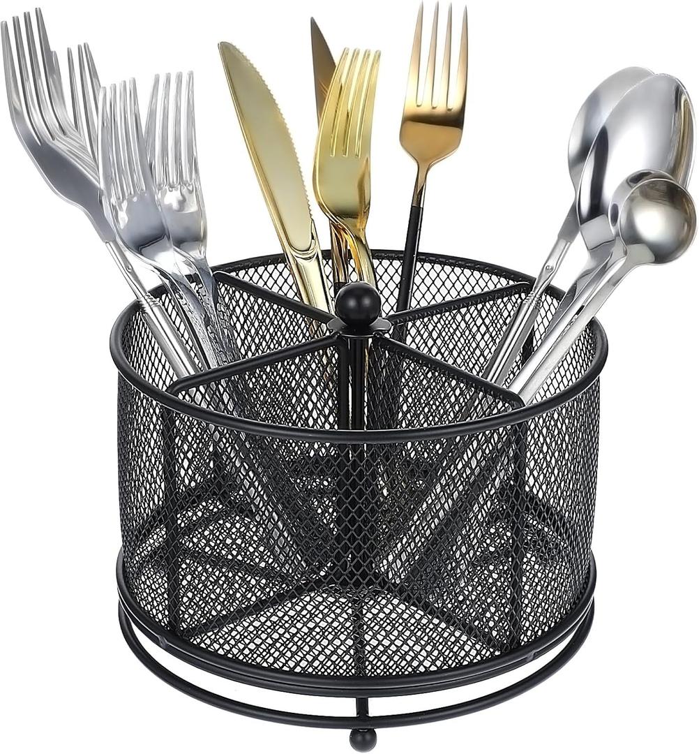 MAQUITA 360 Rotating Metal Utensil Caddy - 4 Compartment Silverware Cutlery Holder Rotation Fork Spoon Napkin Organizer Flatware Storage Basket Party Countertop Buffet Picnic Camping Outdoor Black