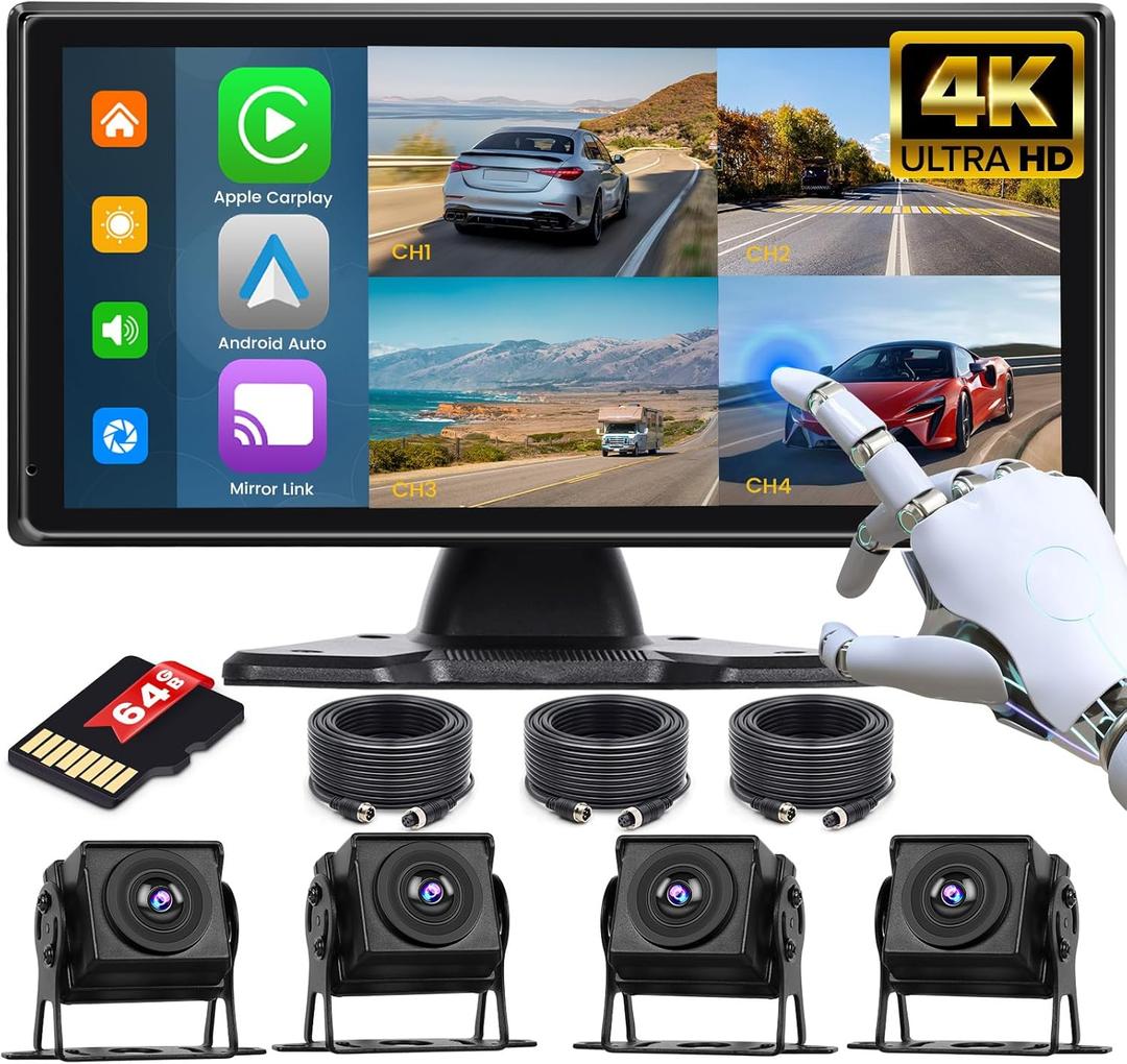 4K RV Backup Camera System with Wireless CarPlay Android Auto, 10.36" Quad Split Touch Screen Monitor with 4 AHD Rear View Camera, DVR Loop Recording IP68 Waterproof Night Vision