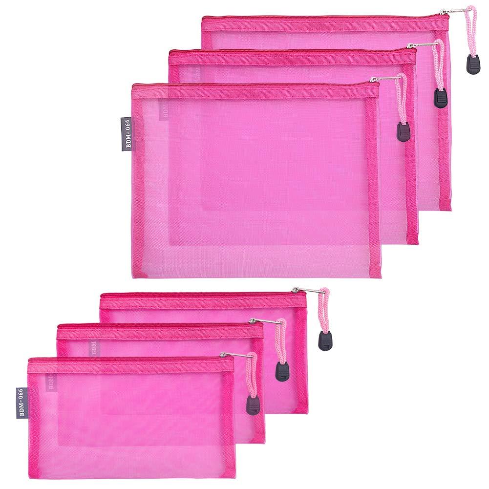 HRX Package Nylon Mesh Makeup Bags with Zipper, 6PCS Cosmetic Pouches Travel Organizer Case Hot Pink for Purse Diaper Bag (A5 x 3pcs, A6 x 3pcs)