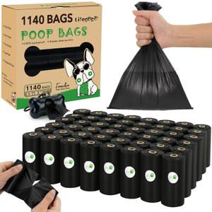 Dog Poop Bags 1140 Count (57 Rolls), Unscented Leak-Proof Waste Bag, 13x9" Black Doggy Poop Bags with Bone-Shaped Dispenser, Extra Thick & Easy Detach