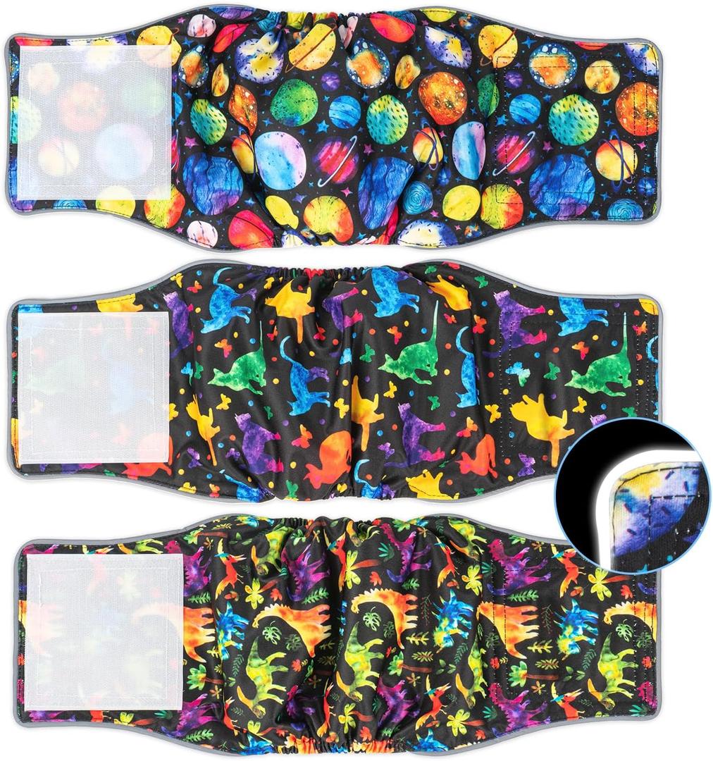 Pet Soft Dog Belly Bands - Washable Dog Diapers Belly Band for Male Dogs, Reusable Male Dogs Wraps 3pack for Doggy Puppy (Dinosaur, S)