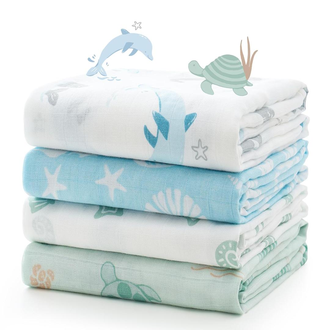 Momcozy Muslin Swaddle Blankets, 4-Pack Breathable and Skin-Friendly Receiving Blankets, Best Wishes Swaddle Blanket Shower Gifts & Baby Registry Essentials, Large 47"x47", Ocean Pixie Dream