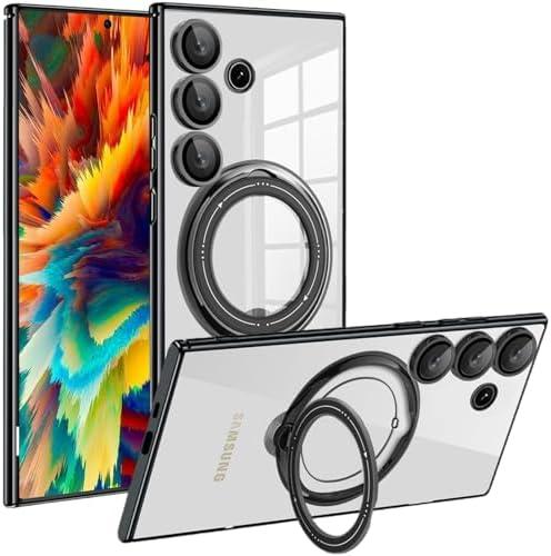 Fofvccv Magnetic Stand Clear Case for Samsung Galaxy S25+ Plus/Galaxy S24 Plus, Military Shockproof Slim Cover with 360° Spin Ring Holder Invisible Kickstand for Galaxy S25 Plus/S24 Plus LD Black