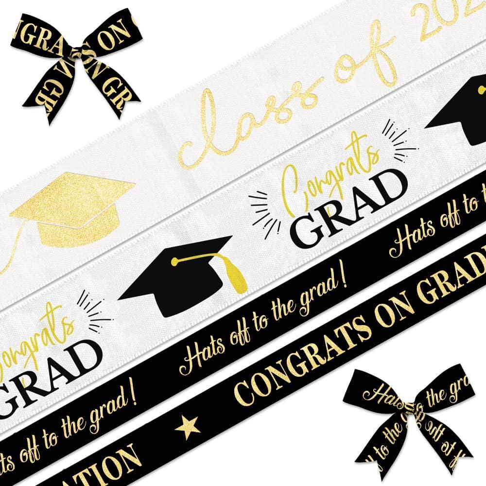 3 x 4 Pieces Class of 2025 Graduation Ribbon 5 Yards, Congrat Grad Words Graduation Cap Ribbons Gold White Black Decor Ribbons for Graduations Ceremony Gift Wrapping Party Decoration Crafts Supplies