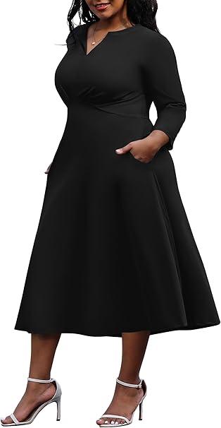 Nmoder Women's Plus Size Stretchy Flared Wrap Dress Casual Wedding Guest Midi Dresses V Neck 3/4 Sleeve A-Line Swing Dress Size 2X