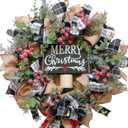 Christmas Mesh Wreath with Ribbon Bowknot Frost Berries Leaves 16 Inch Artificial Wreath for Front Door Winter Xmas Home Indoor Outdoor Decor
