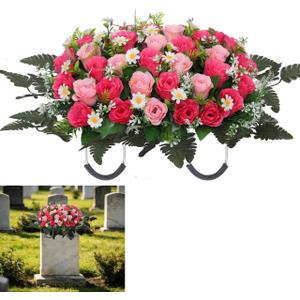 Wocst Headstone Flower Saddle,Large Artificial Cemetery Flowers for Grave Artificial Roses Daisy Saddle for Cemetery Headstone (Pink)