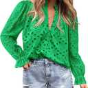 PRETTYGARDEN Women's Dressy Casual Blouse Tops Fall Spring Puff Long Sleeve Button V Neck Hollow Out Lace Embroidered Shirts (Green, S)