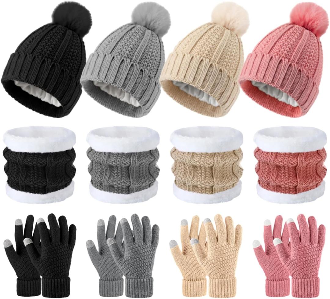 Suhine 16 Pcs Winter Beanie Hat Scarf Gloves Set Women Winter Knitted Hat Circle Scarves Touchscreen Gloves Earmuffs (Black,pink, Beige,gray)