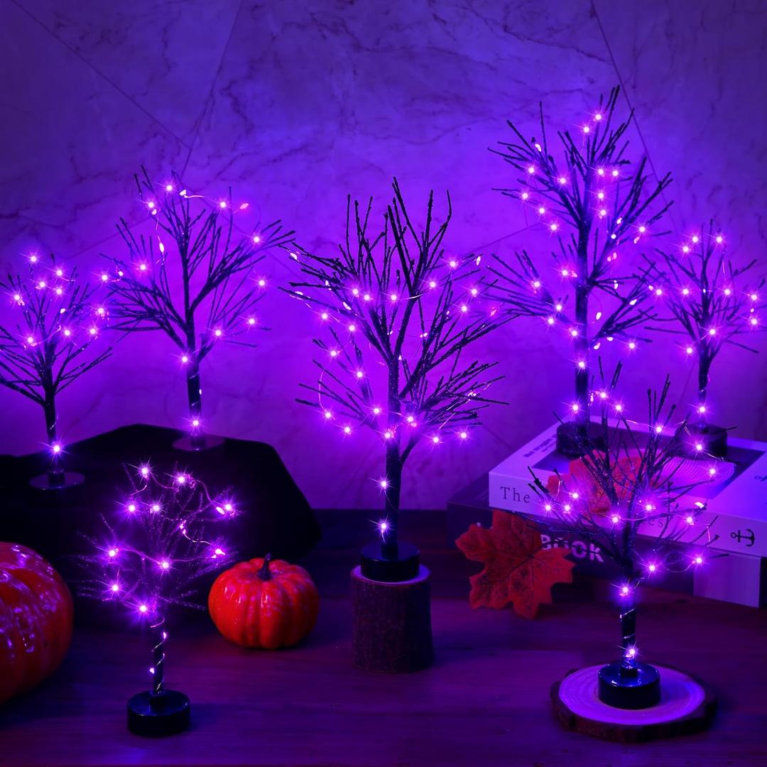 Baquler 7 Pcs LED Halloween Trees Black Birch for Table Decor Artificial Halloween Village with String Light Halloween Decorations for Fall Home, Bedroom, Office, Living Room, Wedding Decor
