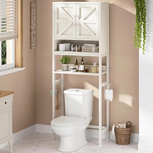 Over The Toilet Storage Cabinet - Bathroom Shelves Above Toilet Freestanding Organizer Shelf with Doors Narrow Floor Stand Rack Farmhouse Wood 71" Tall, Distressed White