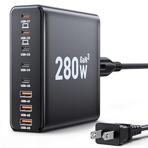 280W USB C Charger Block, 8-Port USB C Charging Station GaN III PD 65W Laptop Charger Adapter Compatible with MacBookPro/Air,DELL,iPad,Portable Charging Station for iPhone,Samsung Galaxy(Black)