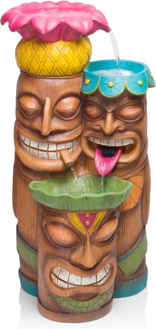 Alpine Corporation - 3-Tiered Colorful Tiki Head Water Fountain, Indoor/Outdoor Tropical Waterfall with LED Lights, for Garden, Patio, Yard, 35" H, 19"L x 19"W x 35"H