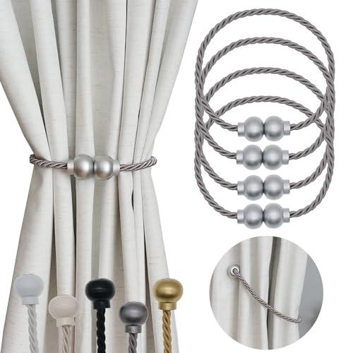 HIASTRA 4 Pack Magnetic Curtain Tiebacks Modern Handmade Rope Curtain Tie Backs Decorative Drapes Weave Holdbacks for Home Outdoor Bedroom Office Decorative Curtain, Grey