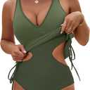 BMJL Womens Sexy One Piece Swimsuit Mesh Tummy Control Bathing Suit V Neck Cut Out Adjustable Straps Swimwear(Army Green, XL)