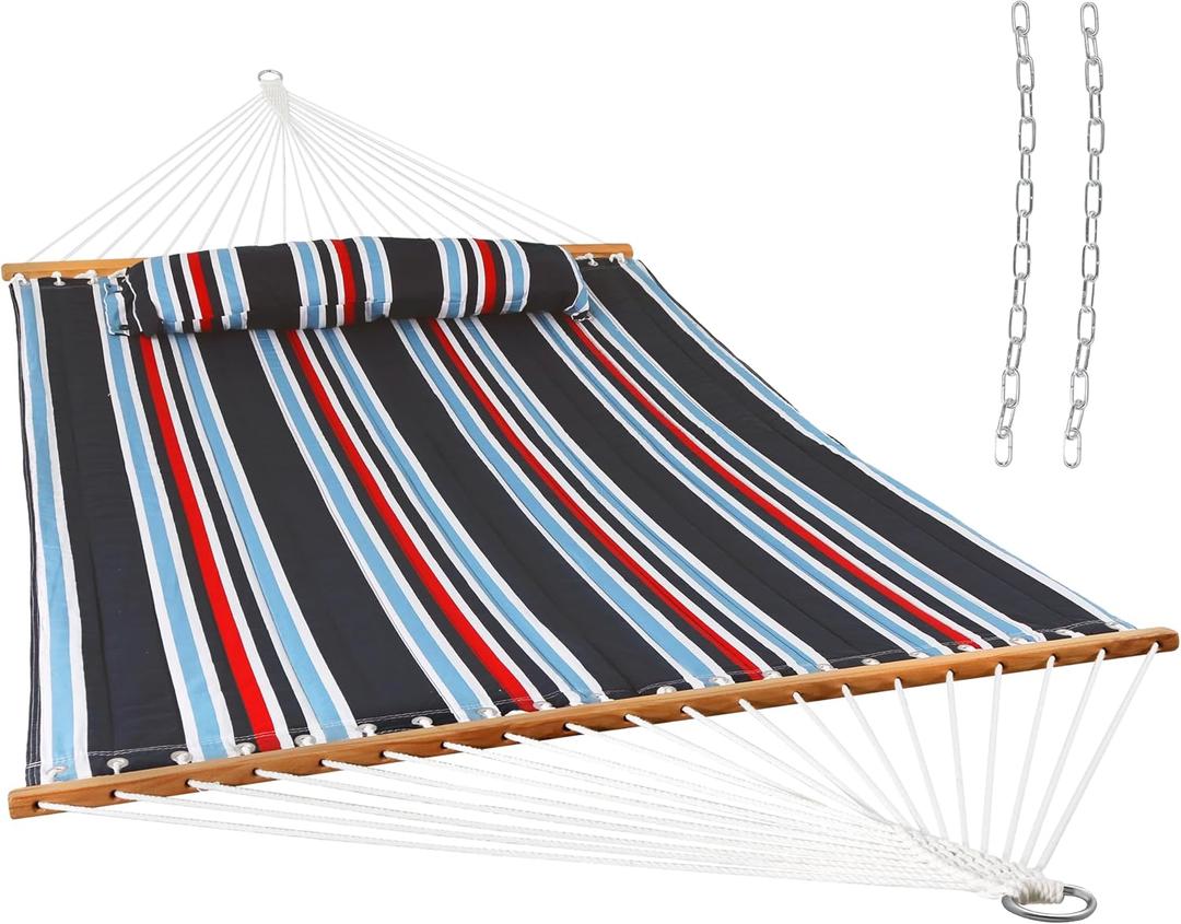 Sunnydaze Quilted Double Hammock for Outside with Spreader Bars and Pillow - 450 lb Capacity, 74x55 Inch Bed, UV Resistant, Quick Dry - Chains Included, Stand Sold Separately - Nautical Stripe