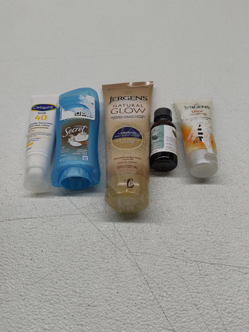 Jergens Daily Moisture Dry Skin Moisturizer, Handcraft Blends Pine Essential Oil. Jergens Natural Glow +Firming Self Tanner Body Lotion. Secret Fresh Antiperspirant Deodorant. CETAPHIL Everyday Sunscreen Tinted Lotion