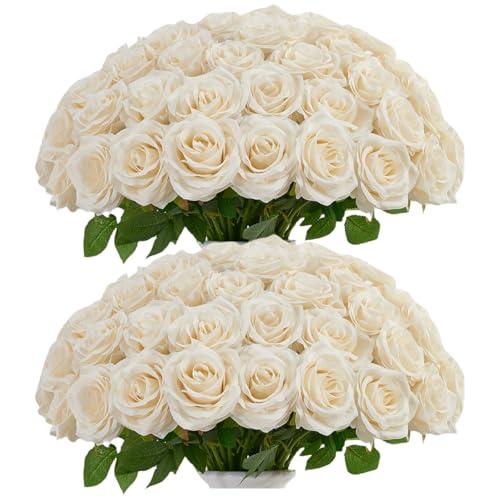 IUKnot Ivory Roses Artificial Flowers Bulk,Fake Roses Silk Flower with Stems Realistic Flowers for Wedding Centerpiece Home Party Decor