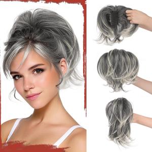 SOFEIYAN Claw Clip Hair Buns Hair Piece DIY Bendable Wires Short Ponytail Extension Fluffy Fake Hair Piece Straight Synthetic Hair Ponytail Extensions for Wonen - Salt and Pepper