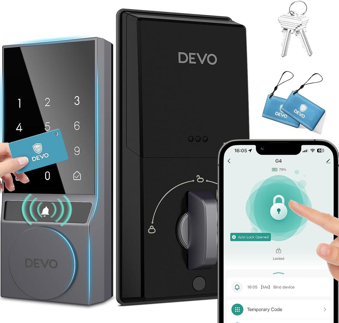 Devo G4 Smart Lock,Keyless Entry Door Lock,Bluetooth Smart Deadbolt, App Remote Control,Digital Touchsreen Keypad Lock, IP54 Waterproof Front & Back Electronic Dook Lock,Auto Locks(Gray)