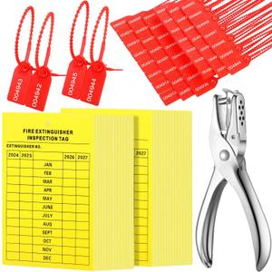 Chunful 101 Pieces Monthly Fire Extinguisher Inspection Tags 2025 to 2028 Maintenance Tags Plastic Tamper Seals Numbered Security with Handheld Hole Puncher(Yellow)