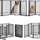 Metal Freestanding Dog Gate with Door, Extra Wide 121", 31" Height Foldable Dog Gates for Doorways, Tall Pet Fence Indoor Pet Gates, 6 Panels Pet Barrier for Stairs Hallways, Black