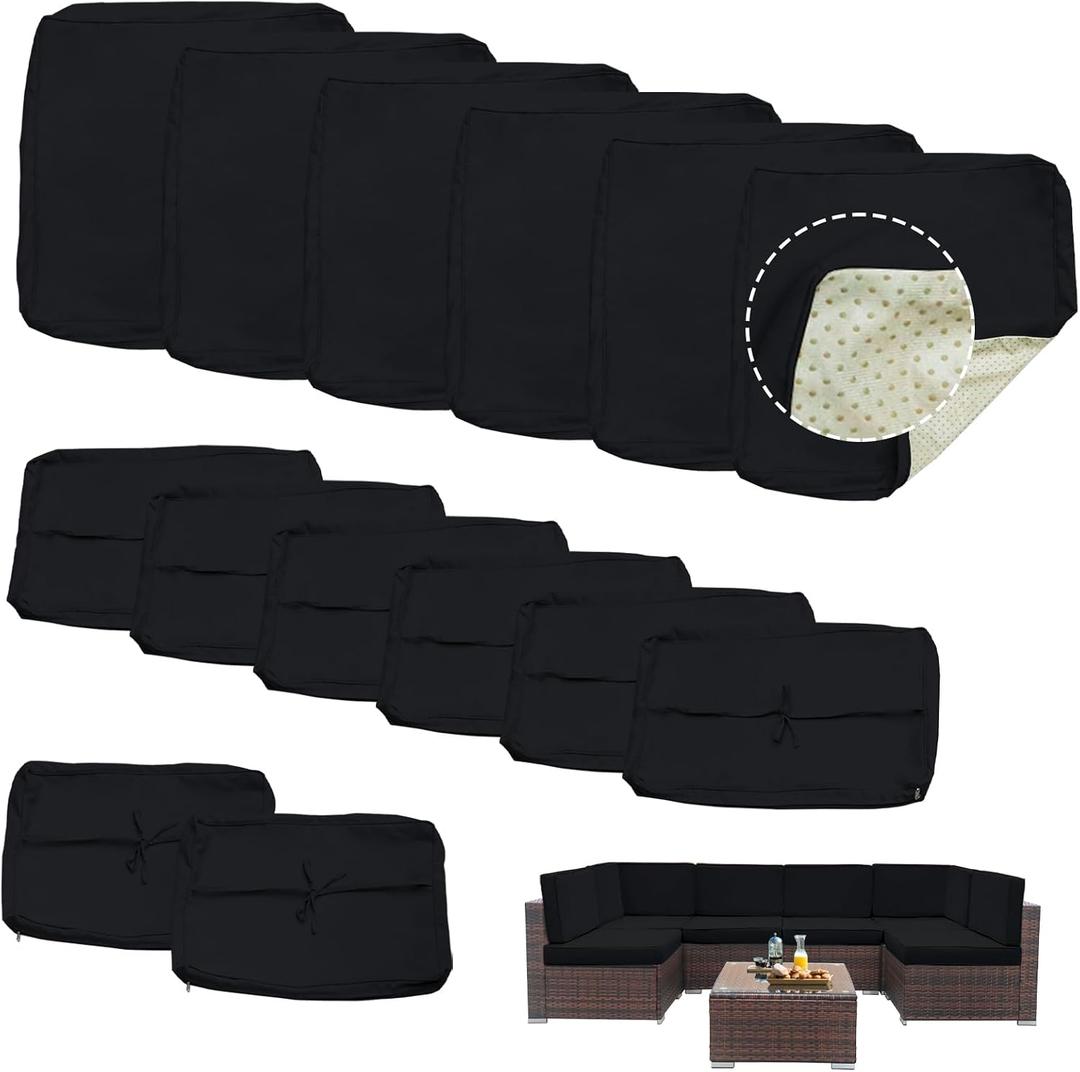 14 Piece Outdoor Patio Cushion Covers Replacement, Outdoor Cushion Slipcovers, Water-Resistant Patio Furniture Cushion Covers with Zipper (Black)